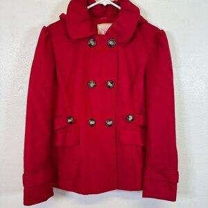 PINK ENVELOPE Womens Long Sleeve Button Front PeaCoat Jacket Red Hooded Winter